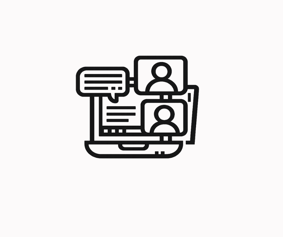 Line drawing of a computer with chat bubbles and two video call windows showing people's icons.