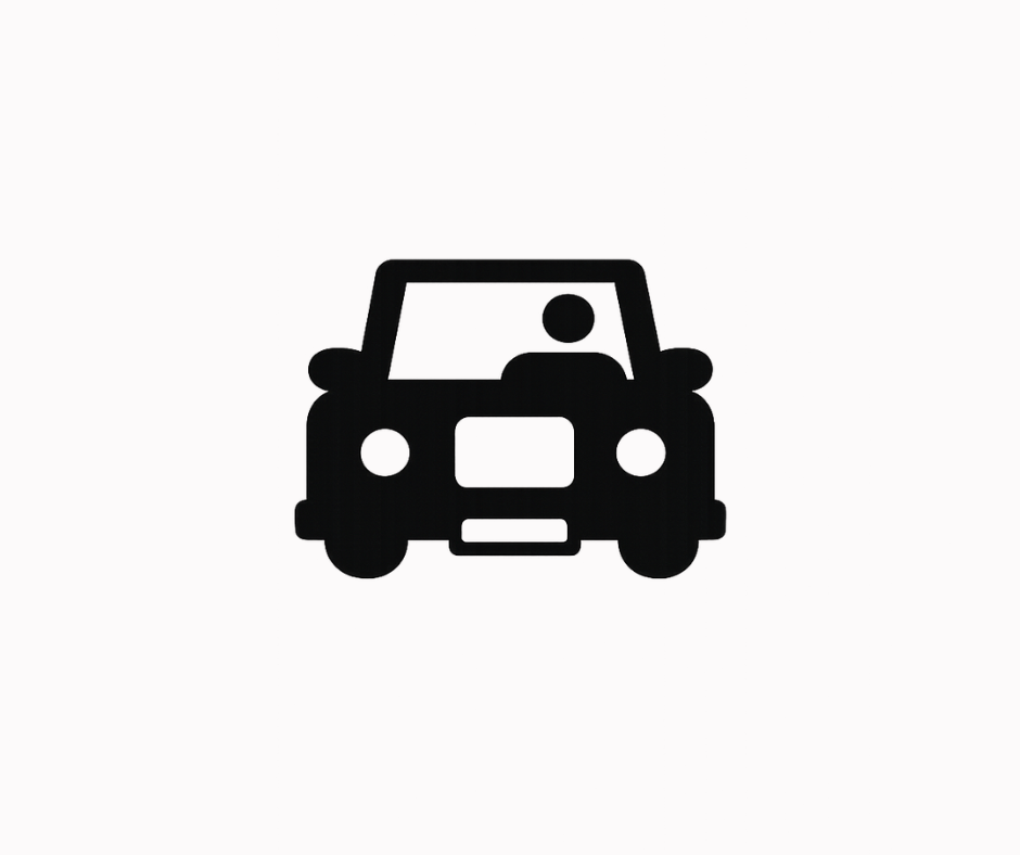 Simple black and white icon of a car with a person inside.