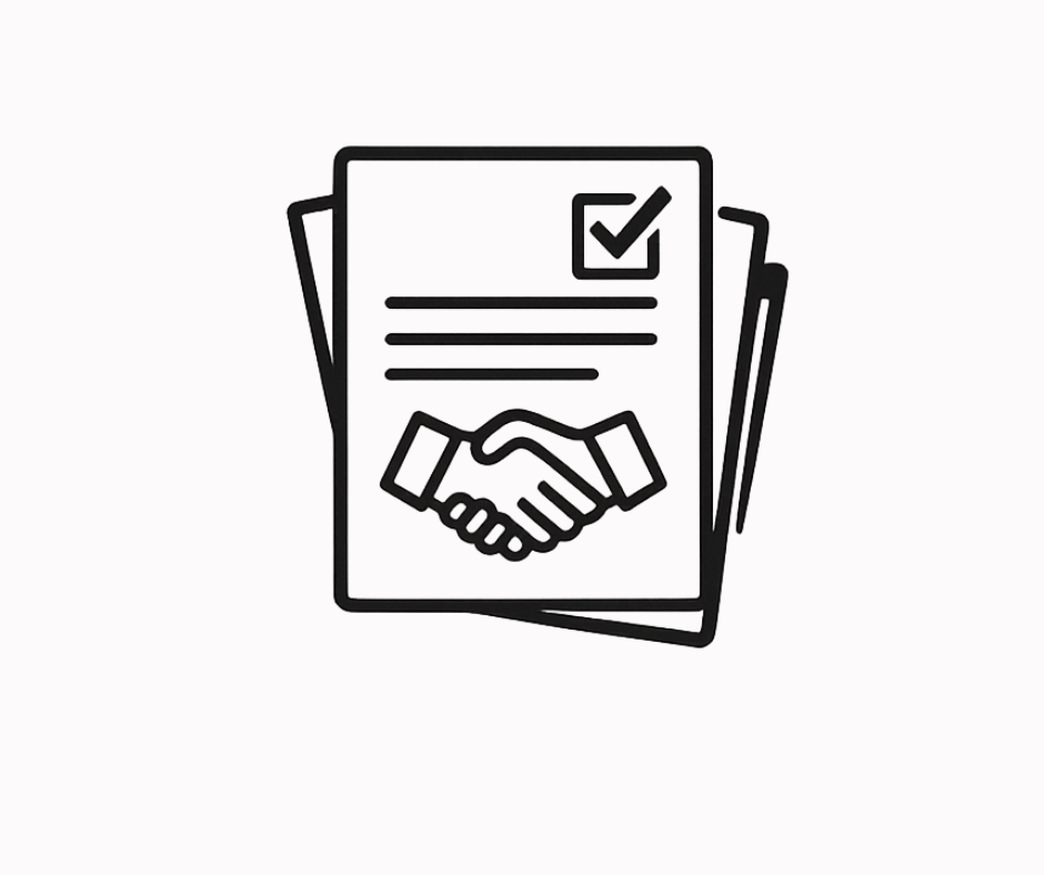 Icon of a handshake over a document with a checkmark, symbolizing agreement or contract.