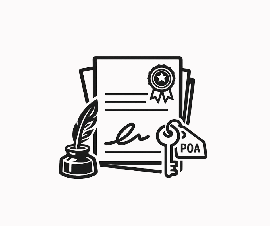 Illustration of a diploma with a ribbon, a feather quill in an ink bottle, a key, and a POA tag, representing education and certification.