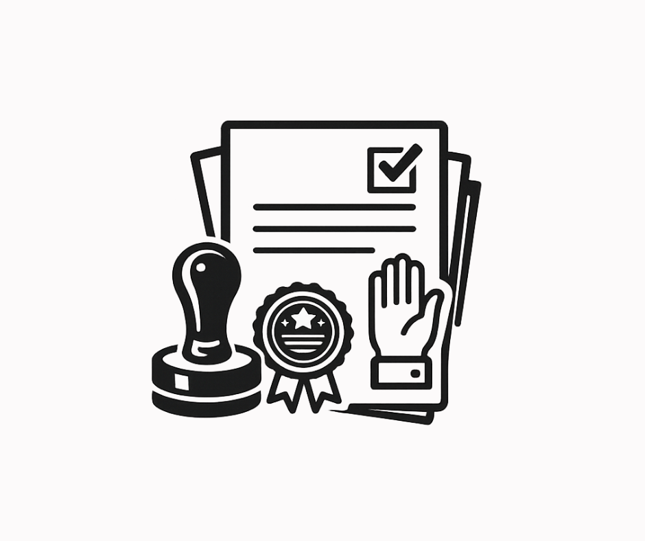 Black and white illustration of a stamped document with a checkmark, a stamp, a certificate badge, and a raised hand.