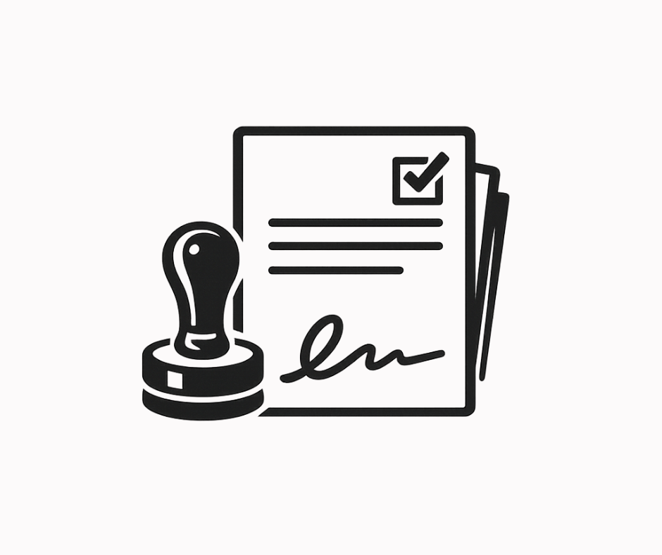 Black and white illustration of a stamp, signature, and documents with a checkmark.