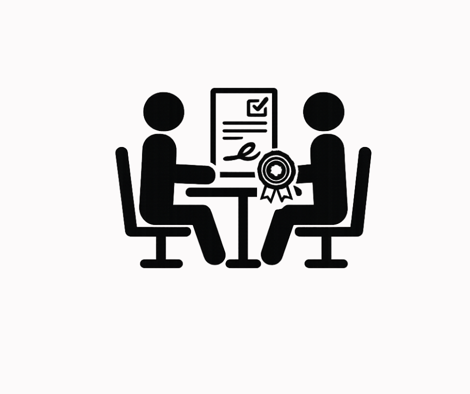 Silhouette of two people sitting at a table with a certificate or agreement between them, featuring a checkmark, a signature, and a ribbon badge, indicating an award or achievement.