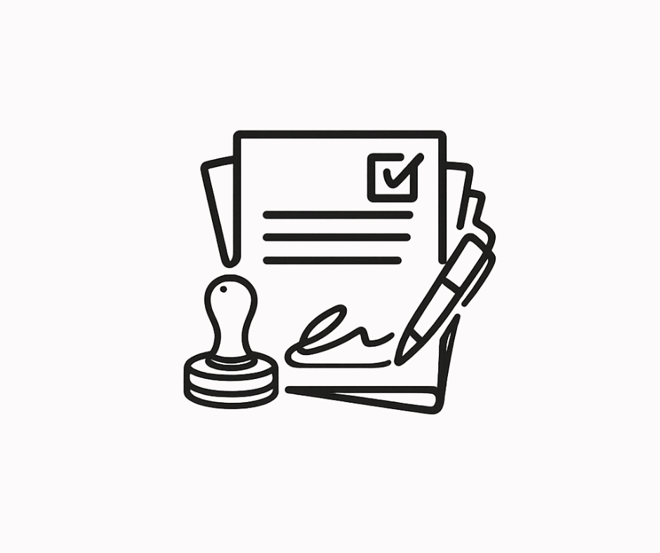 Illustration of a stamped document, signed papers, a pen, and a stamp.