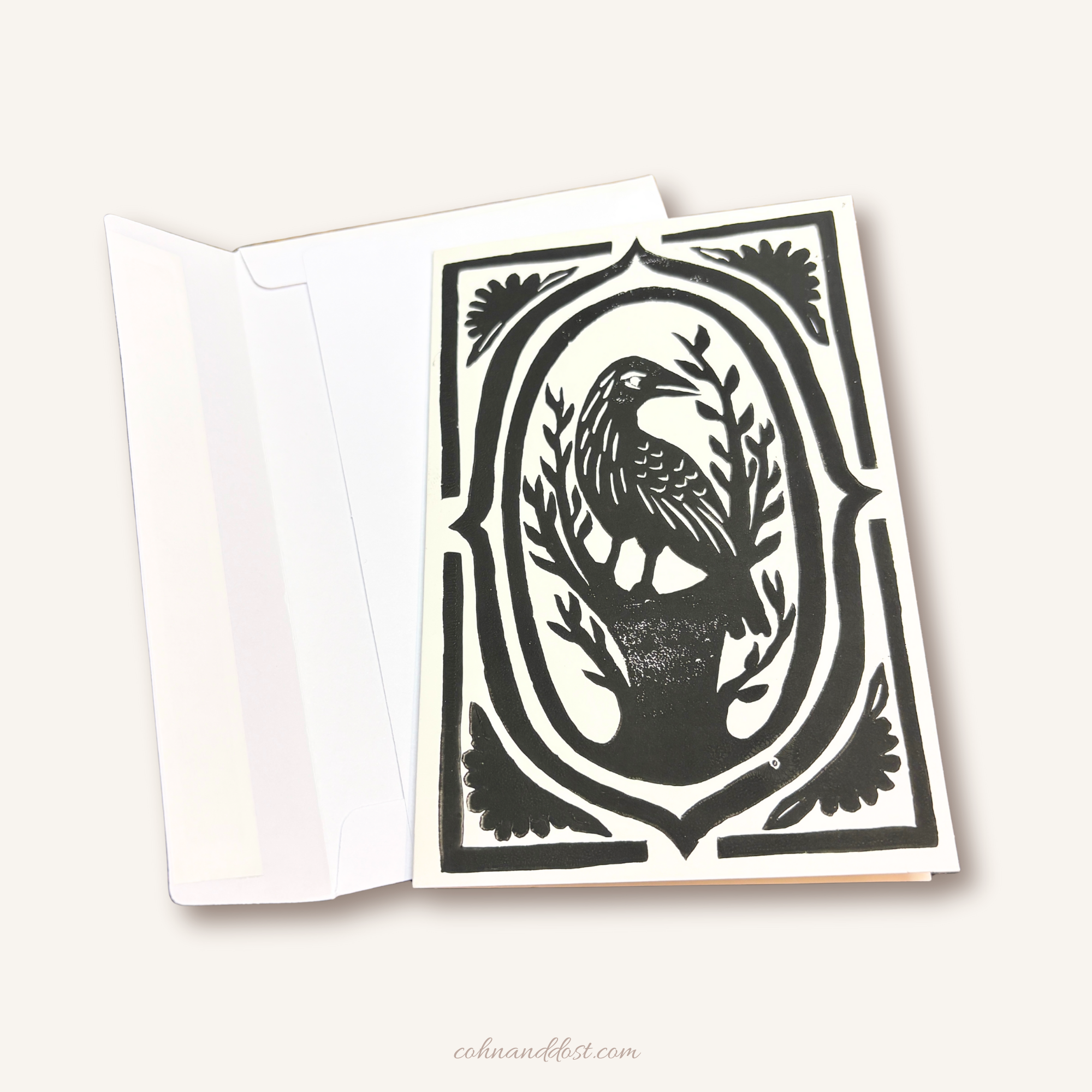 Crow Block Print Greeting Card