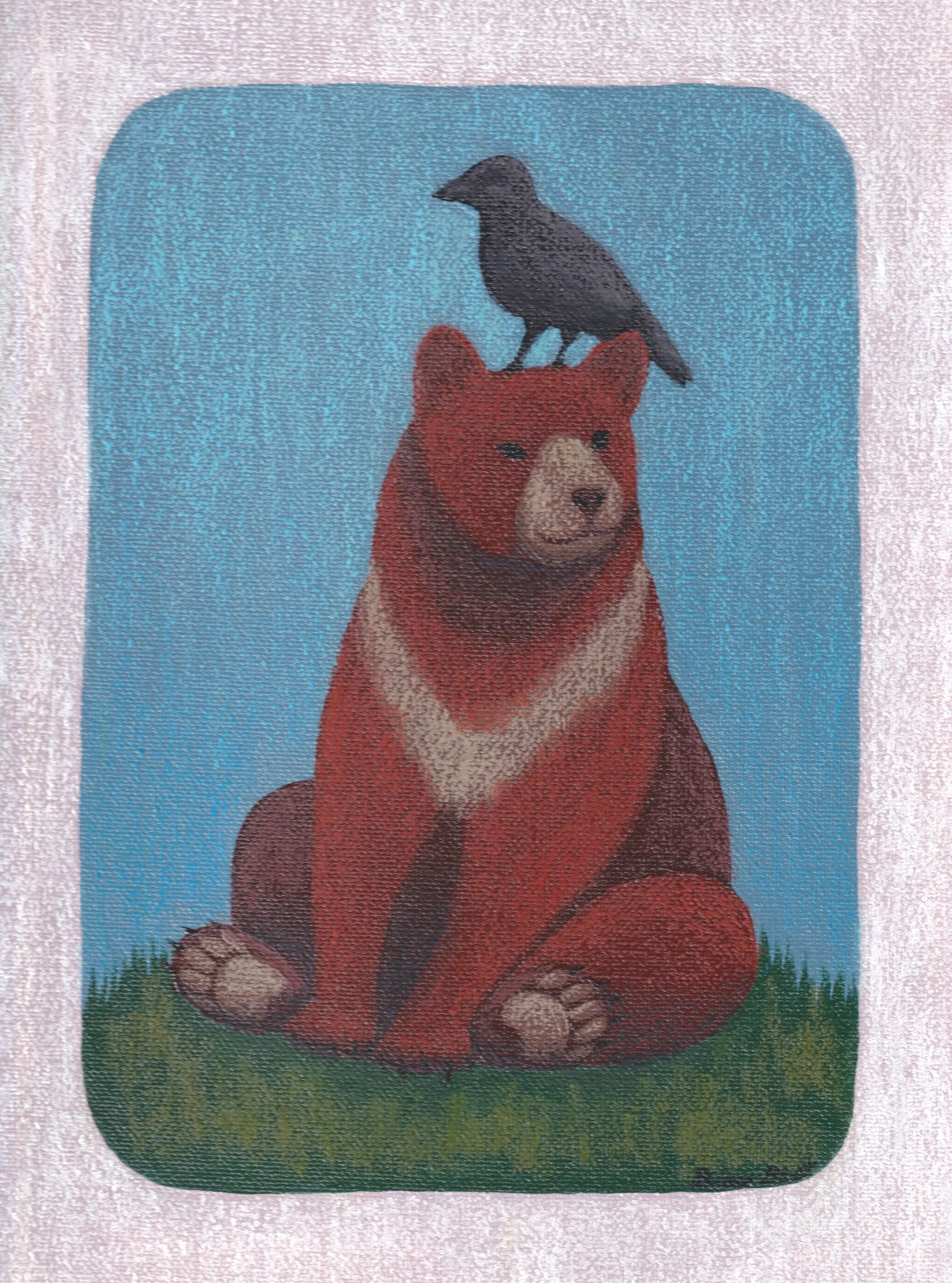 Crow 'N Bear, acrylic paint and oil pastels on canvas, 9"x12", 2026
