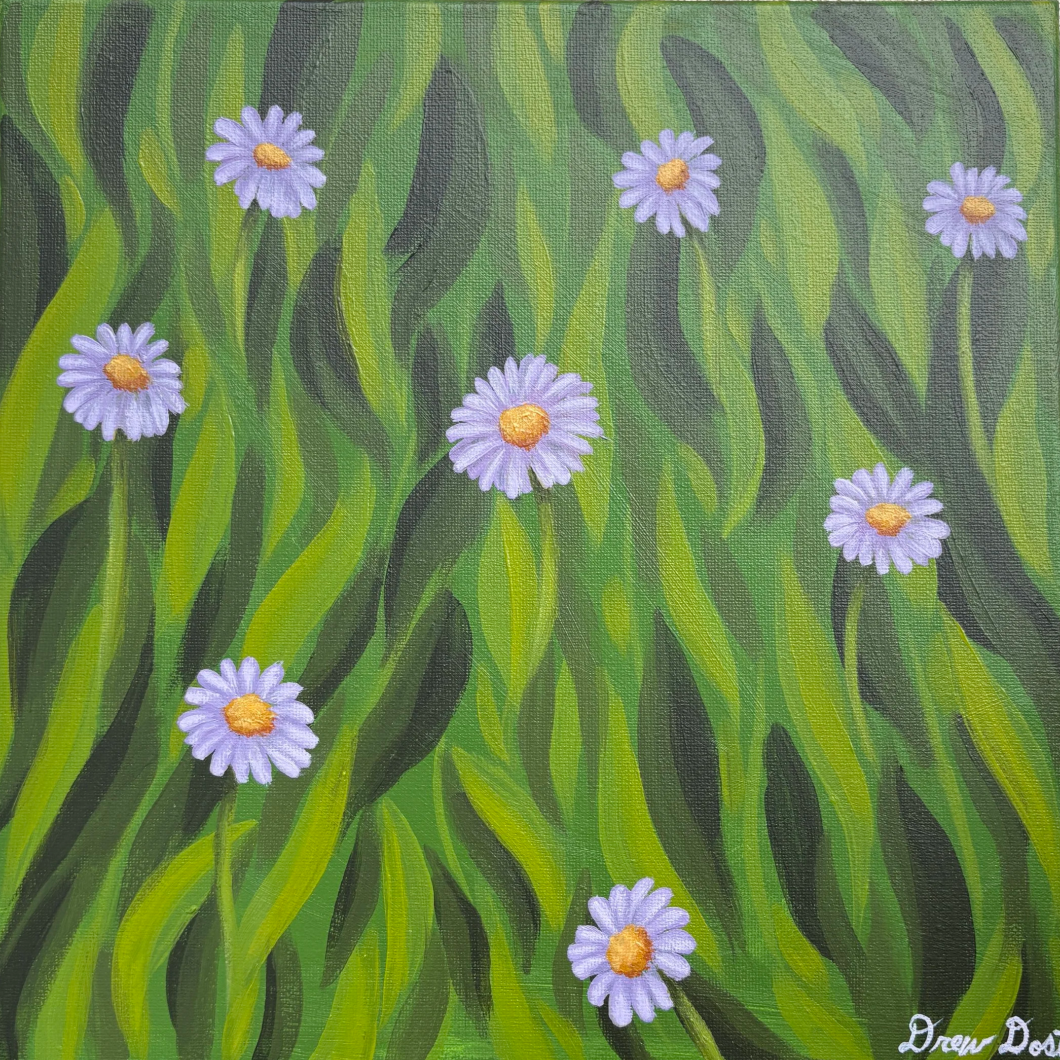 Aster Party, acrylic on canvas, 12"x12", 2025
