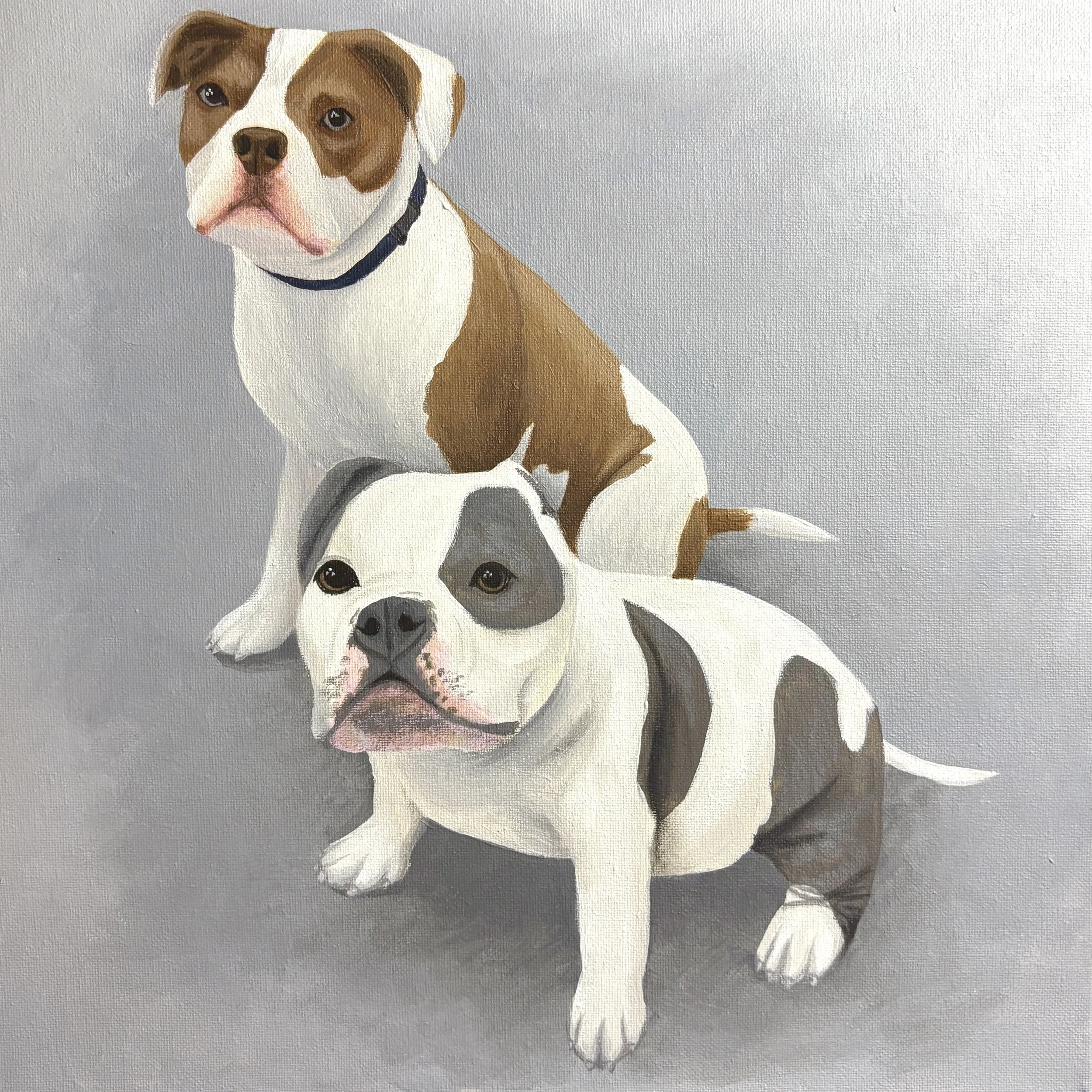 Painting of two dogs, one sitting and one standing, with a light gray background.