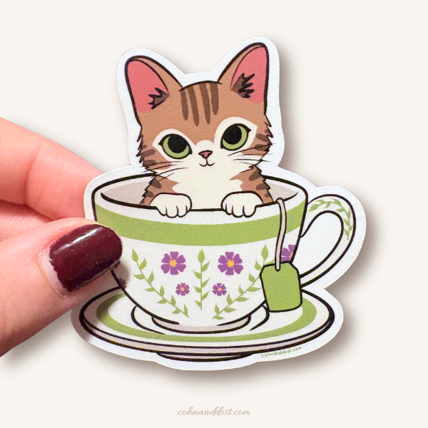 Teacup Cat 2.75” Vinyl Sticker