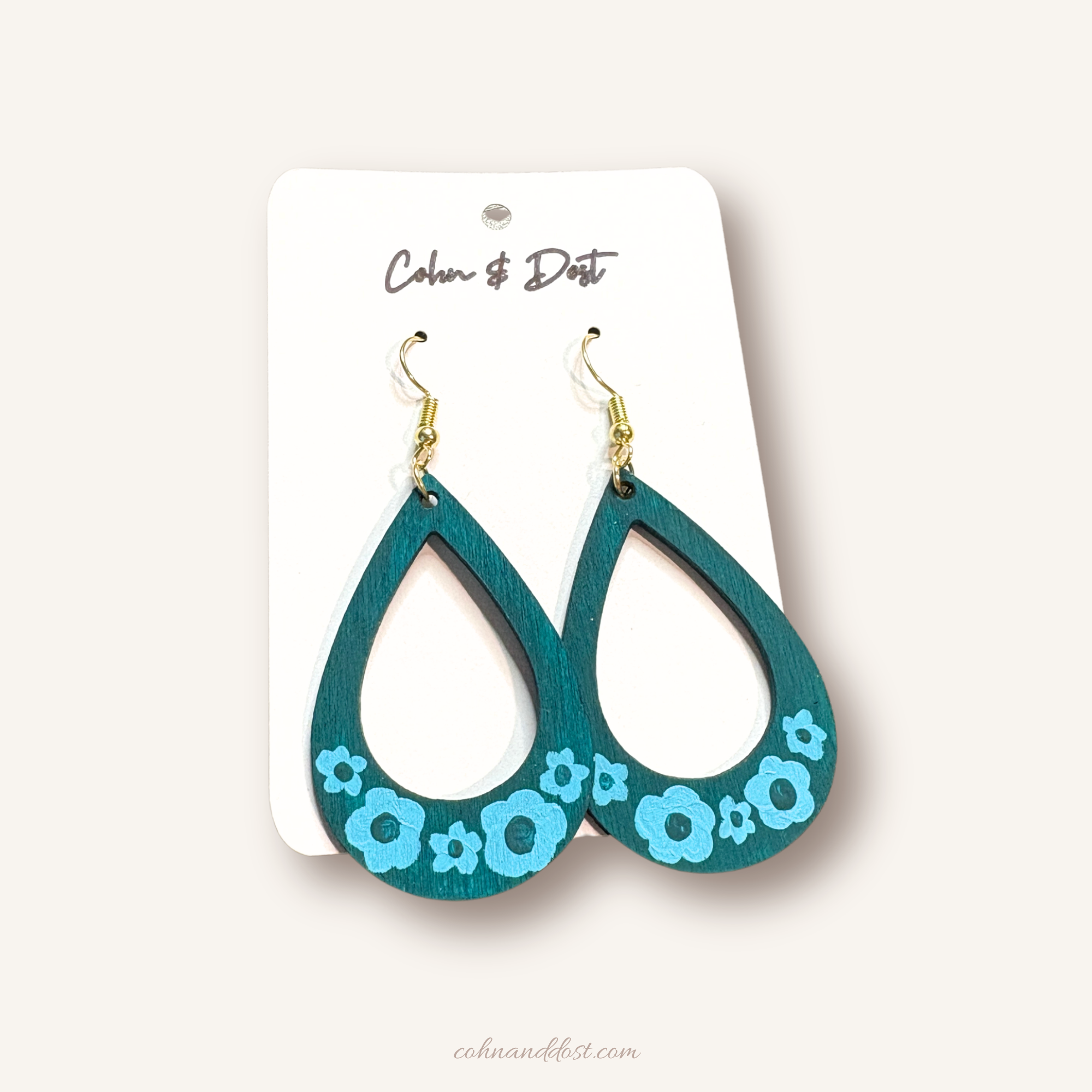 Teal Flowers Teardrop Painted Earrings
