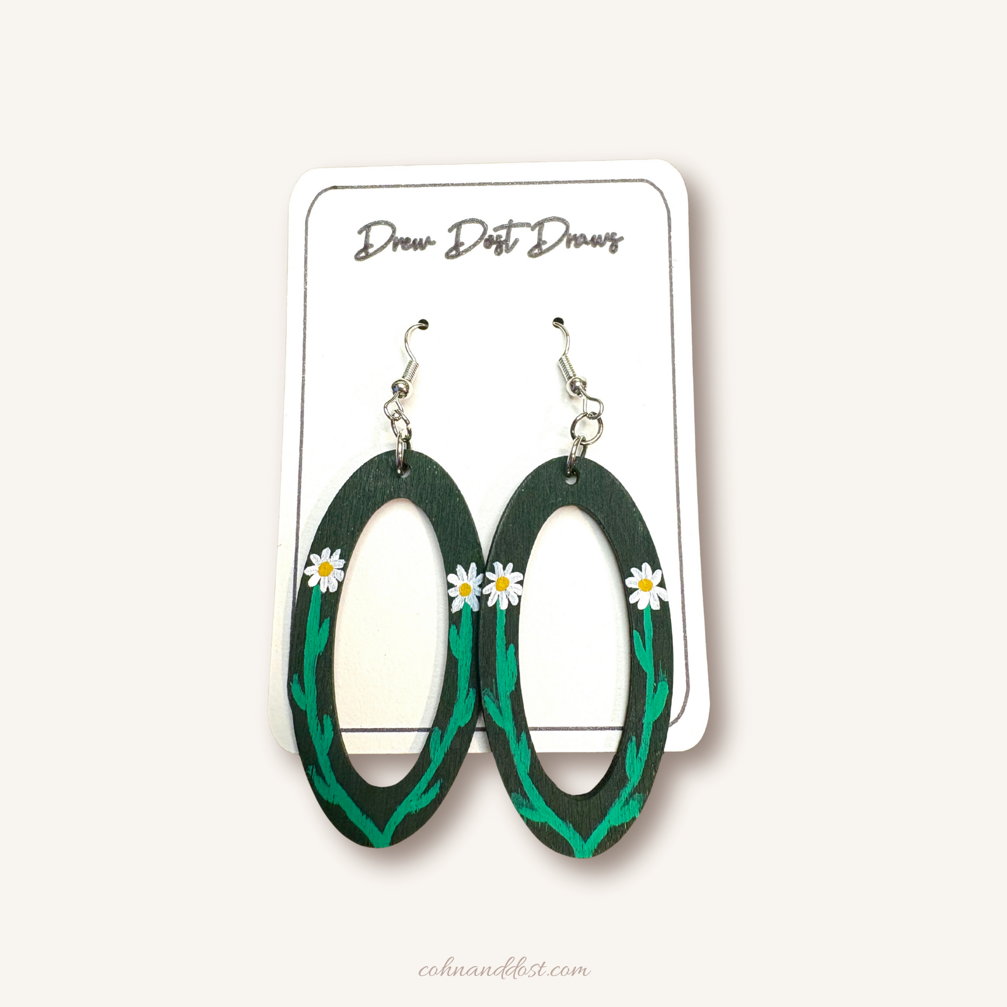 Green Daisy Oval Painted Earrings