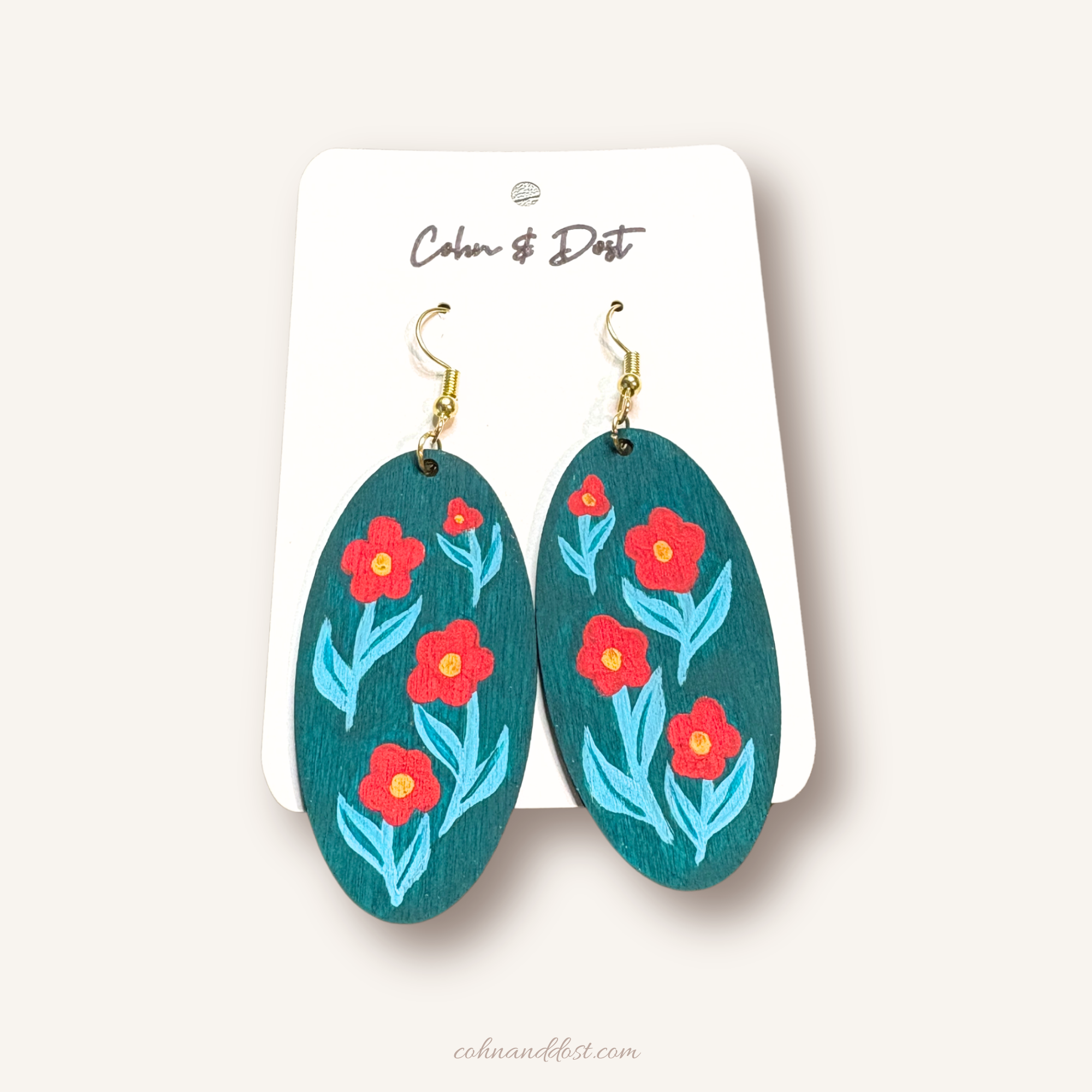 Red Flowers Teal Oval Painted Earrings