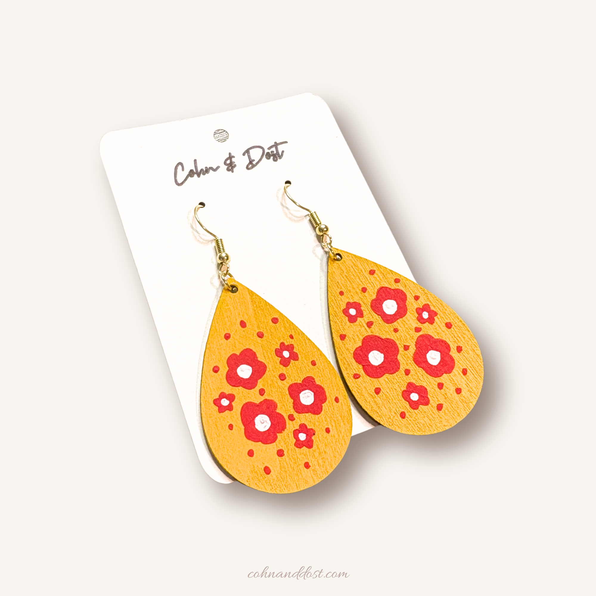 Red Flowers Yellow Teardrop Painted Earrings
