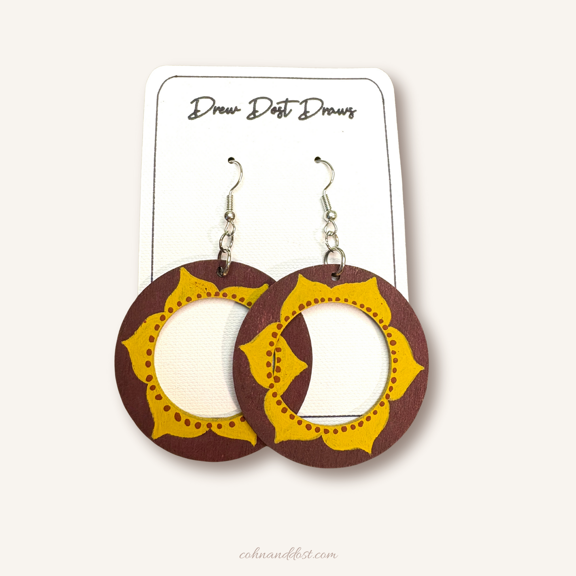 Purple Yellow Flowers Circle Painted Earrings