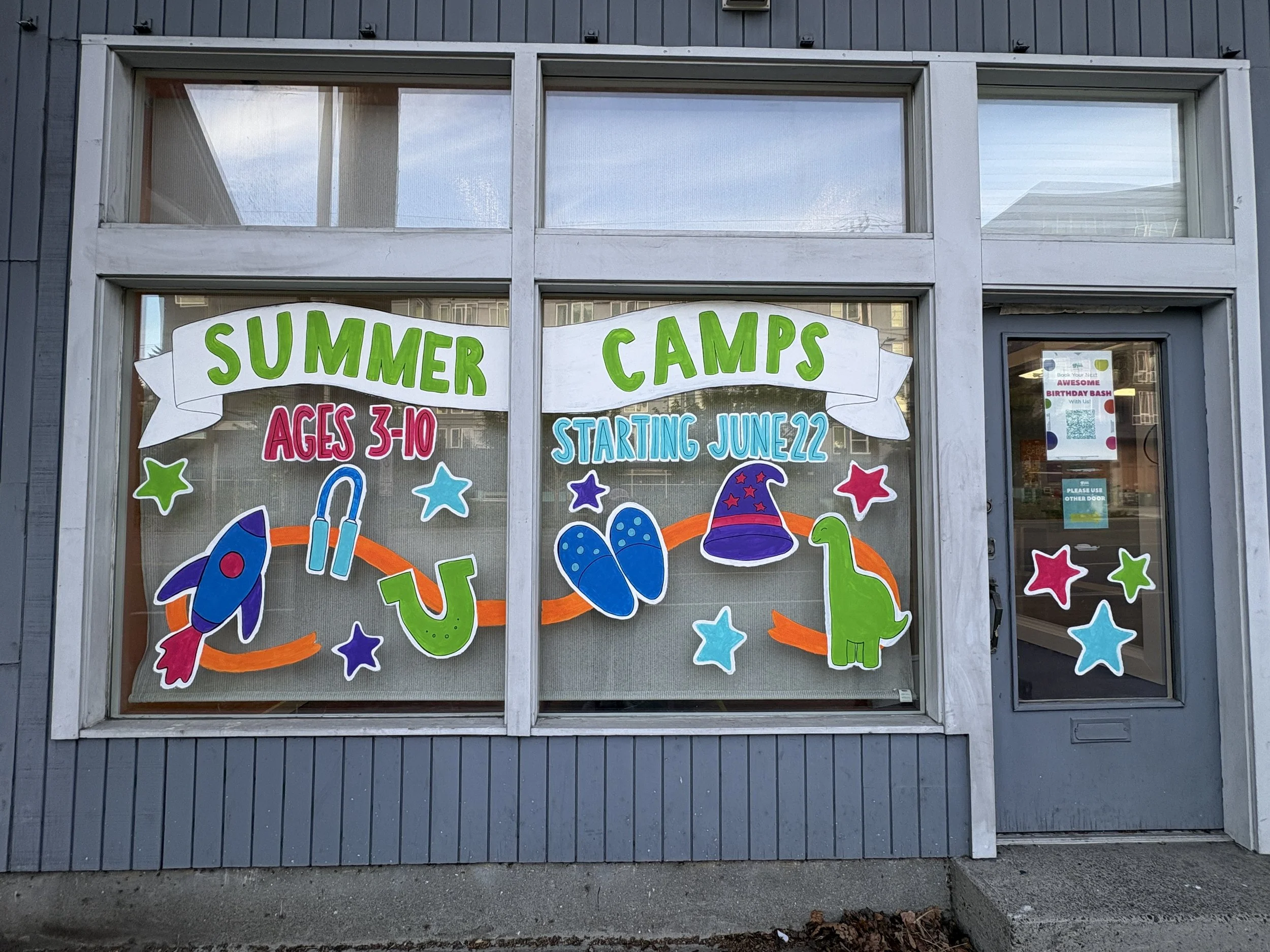Summer Camp Promo Window Painting, May 2026, north Seattle, approx. 5'x10' (for the two windows only)