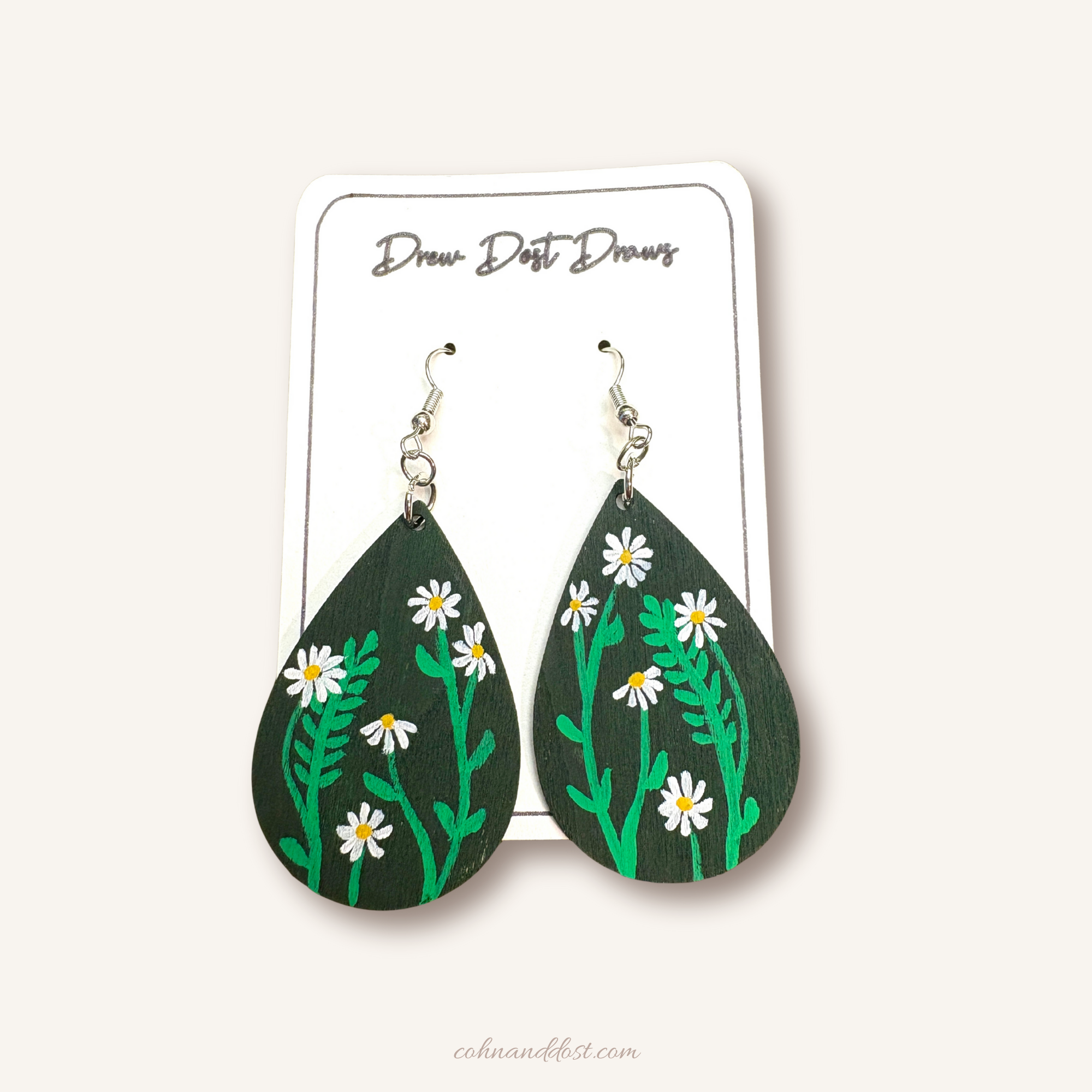 Green Daisy Teardrop Painted Earrings