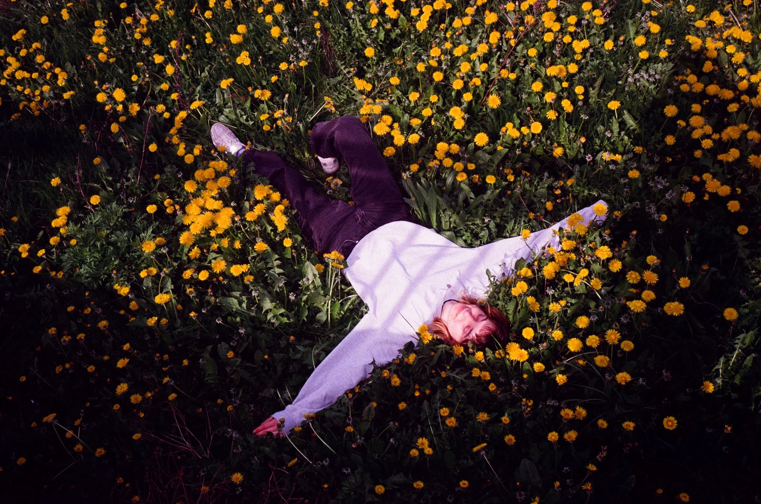 Eine junge Frau liegt ein einem Meer aus Blumen. Warme Farben zeichnen diese analoge Fotografie aus.