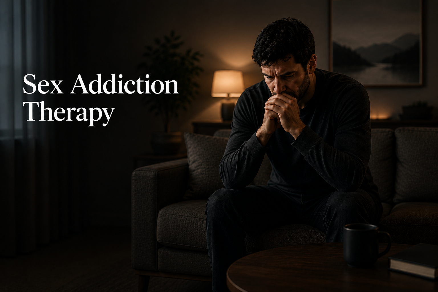 A word cloud with words related to sexual behavior and addiction, including 'sex,' 'addiction,' 'disorder,' 'obsessive,' 'sexuality,' and 'urges,' primarily in shades of red and orange.