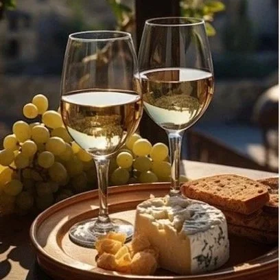 Two glasses of white wine on a wooden tray alongside cheese, crackers, and grapes, with a window view of a town or city in the background.