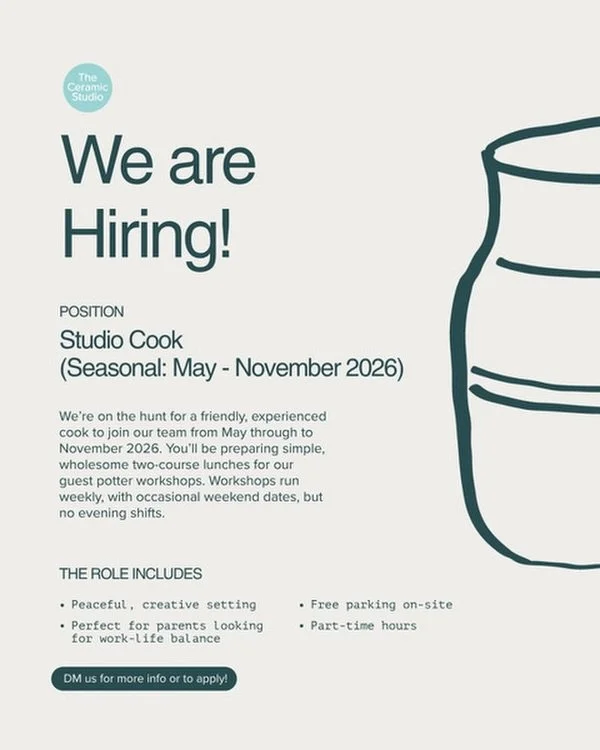 We are Hiring! ✨

Looking for a cook to join our studio this season
Daytime hours, creative setting, lovely people.

May-November | Weekly workshops + occasional weekends.

Get in touch for details.

#potterystudiolife #cooklife #hiringjobs #hiring