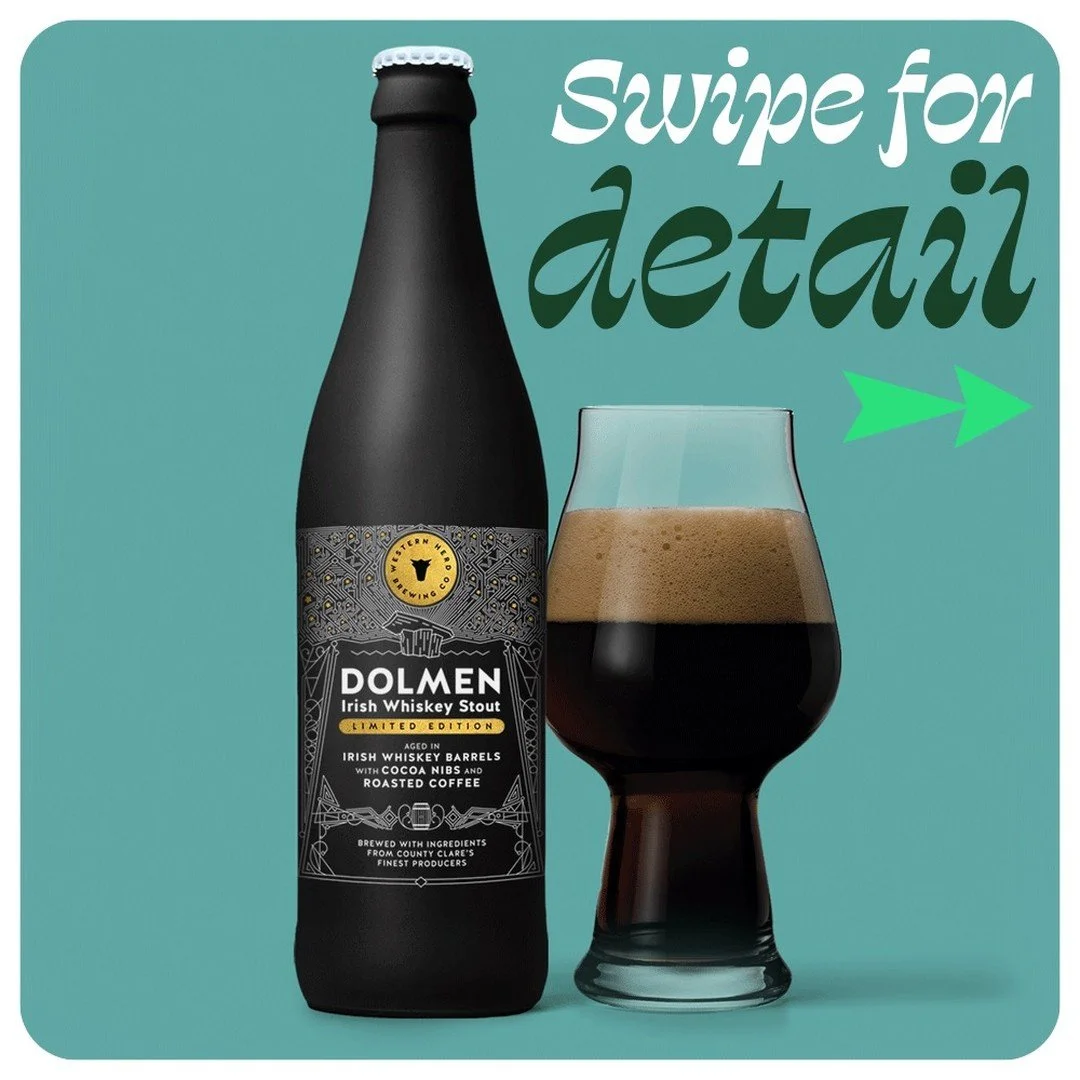 Dolmen Irish Whiskey Stout... Our design celebrates the famous dolmen of Poulnabrone in county Clare - illustrated in a modern Art Deco style. See it at www.topshelf.studio #BeverageDesign #DrinkDesign #BeveragePackaging #CraftBeverage #CraftBrew #Wi