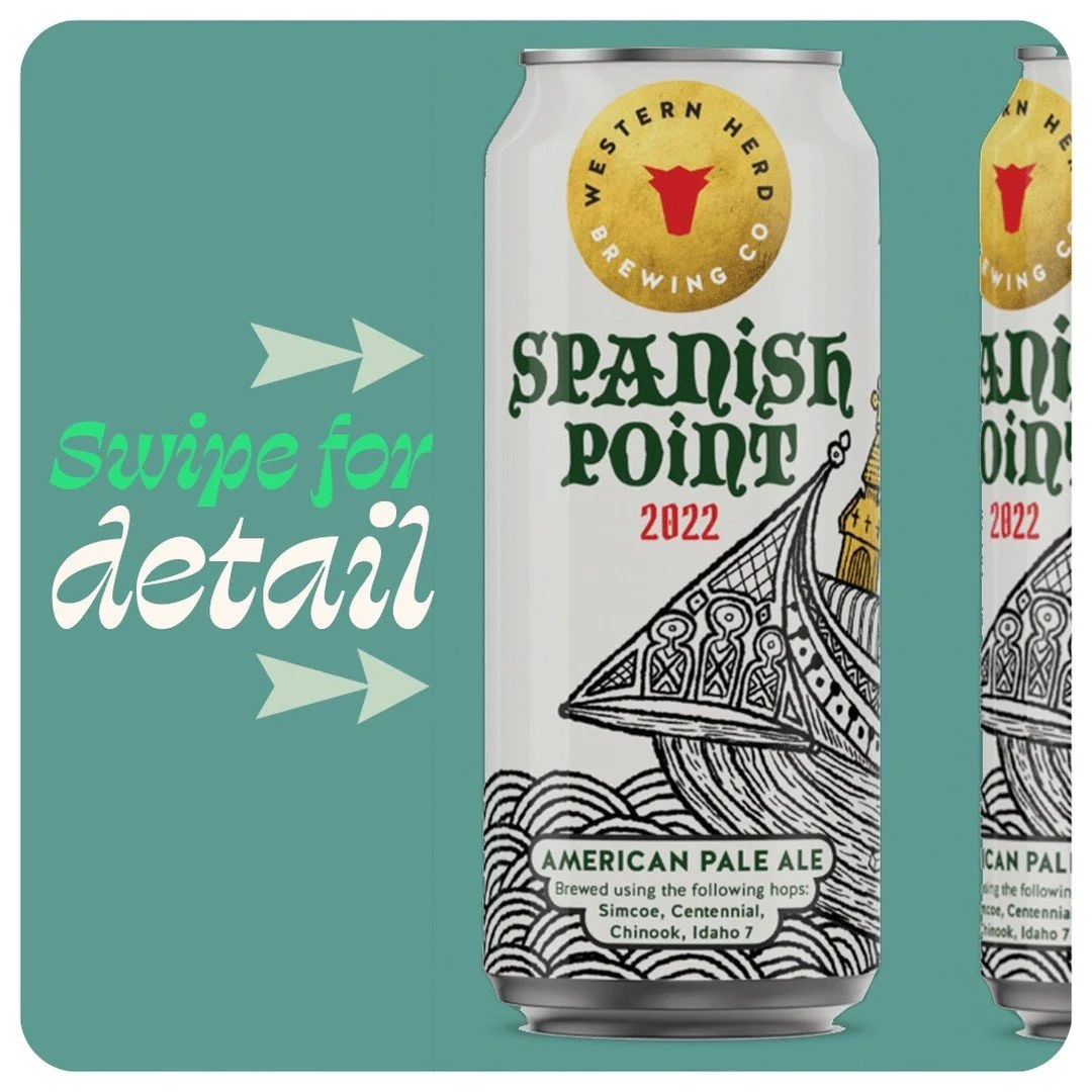 Spanish Point Pale Ale commemorates the grounding of the Spanish Armada on Ireland's shore. Illustrated in a medieval woodcut style. View at www.topshelf.studio #BeverageDesign #DrinkDesign #BeveragePackaging #CraftBeverage #CraftBrew #WineLabel #Bee