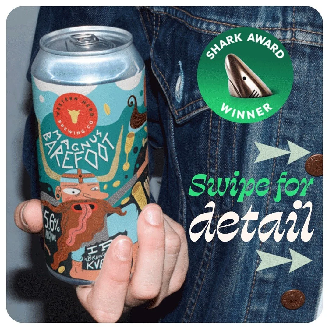 Shark Award winning design for Magnus Barefoot IPA, telling the story of the Viking warlord's invasion of Ireland's west coast. View at www.topshelf.studio #BeverageDesign #DrinkDesign #BeveragePackaging #CraftBeverage #CraftBrew #WineLabel #BeerLabe