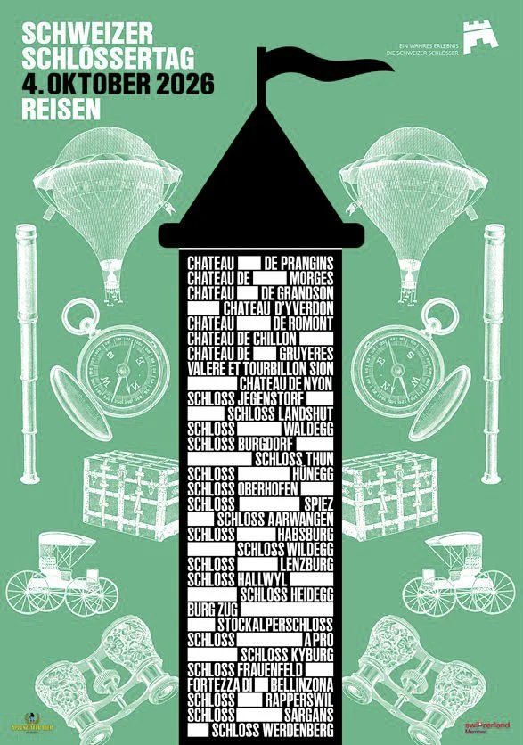 Event poster for the Swiss Castle Day on October 6, 2024, featuring a list of castles with checkboxes, surrounded by illustrations of musical instruments and castle icons on a bright orange background.
