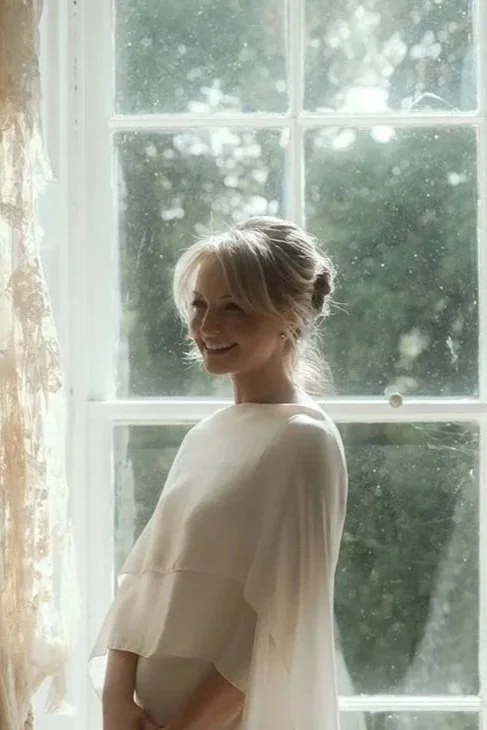 A woman with blonde hair tied in a bun, smiling, standing by a window with old floral curtains, natural light coming through, and greenery visible outside.