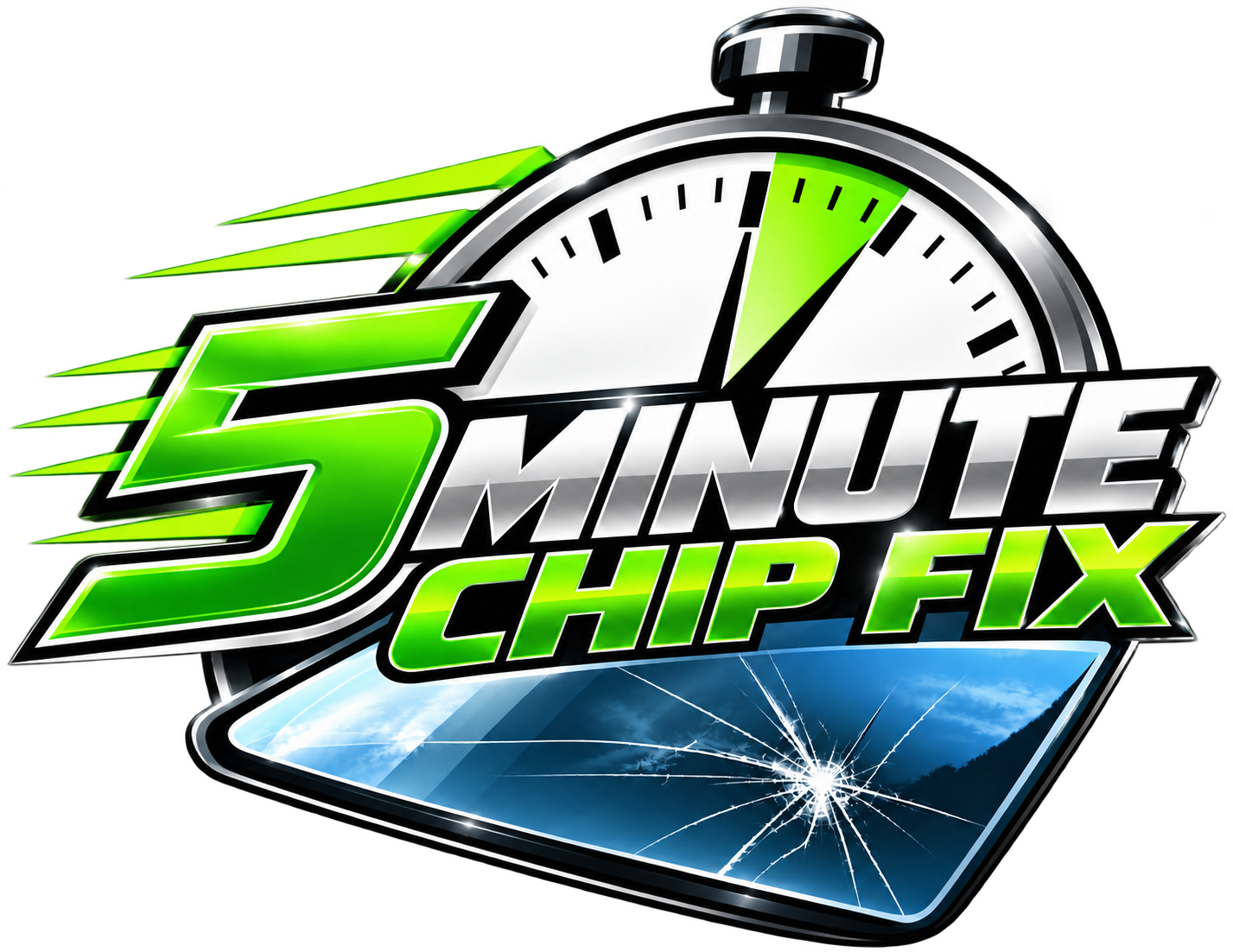 Logo for a service called '5 Minute Chip Fix' featuring a stopwatch with a green motion effect and a cracked smartphone screen.