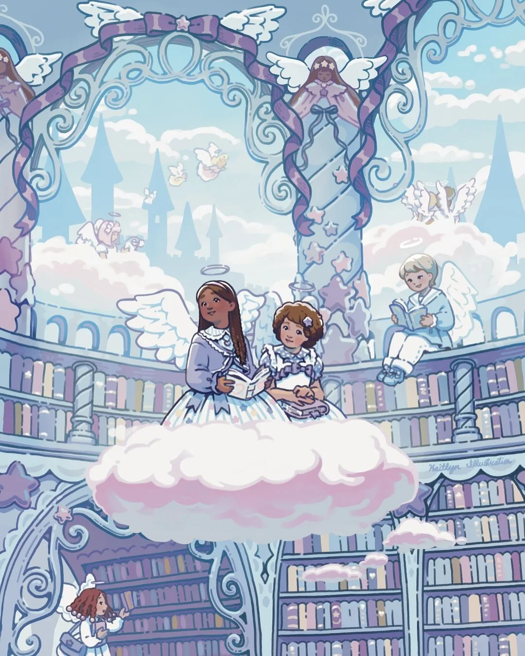 The other day I found a really old sketch of a library scene, I liked the composition so I turned it into a library in the clouds! I really love the sense of community and knowledge that libraries represent, hopefully I was able to portray some of th
