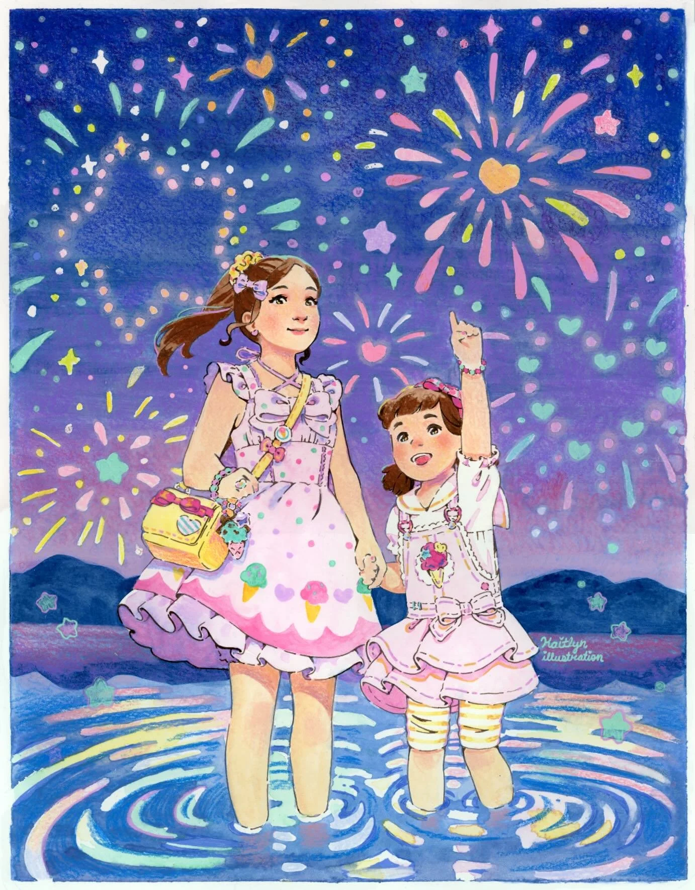 I&rsquo;ve been having fun drawing summery things lately! ☀️💕 it was a bit of a challenge to draw and paint fireworks and water traditionally but I&rsquo;m pretty happy with how it turned out! 😊

This original piece is available on my Etsy at the l
