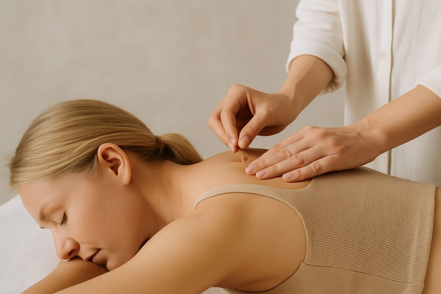 en kvinde får akupunktur behandling på ryggen af akupunktør