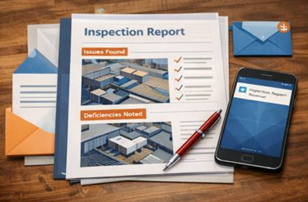 Inspection report on a wooden table with highlighted issues and deficiencies, a pen, envelopes, and a smartphone displaying the report.