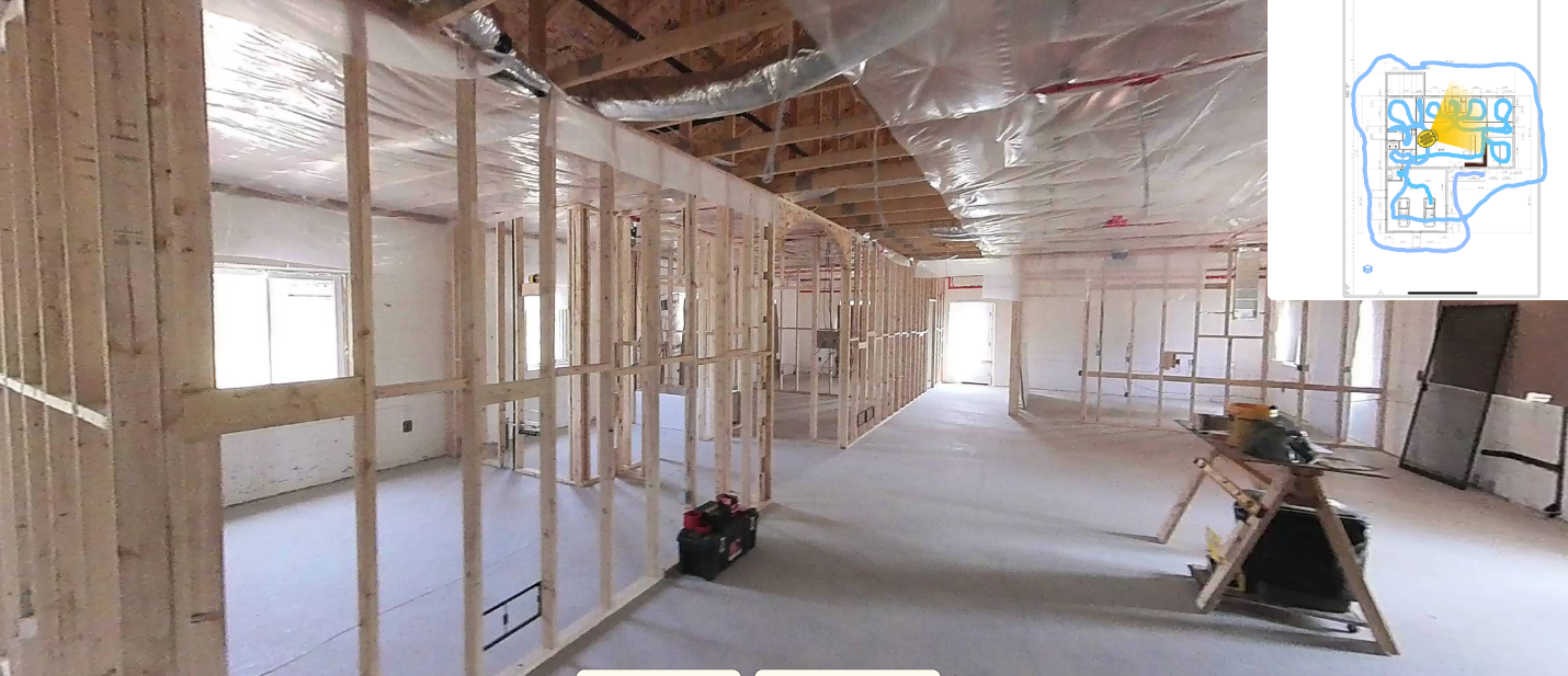 A 3D image inside a home under construction. The blueprint on top right corner shows where the camera operator tracked the camera inside the building.