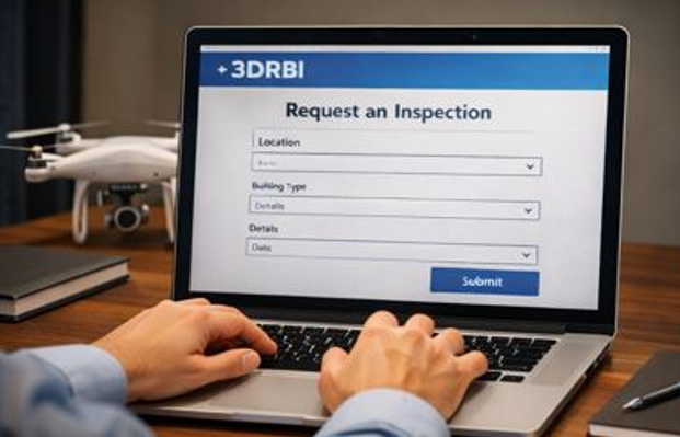 Person filling out an inspection request form on a laptop, with a drone and notebook on the desk.