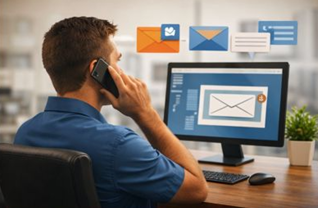 A man sitting at a desk, talking on the phone, with a computer monitor displaying an email app and floating email icons in the background.