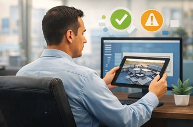 Man in office using tablet, computer monitor showing a 3D model of an interior space, with green checkmark and orange warning icons in background.