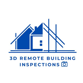 Logo for 3D Remote Building Inspections featuring stylized blue sketches of buildings and construction poles with company name.