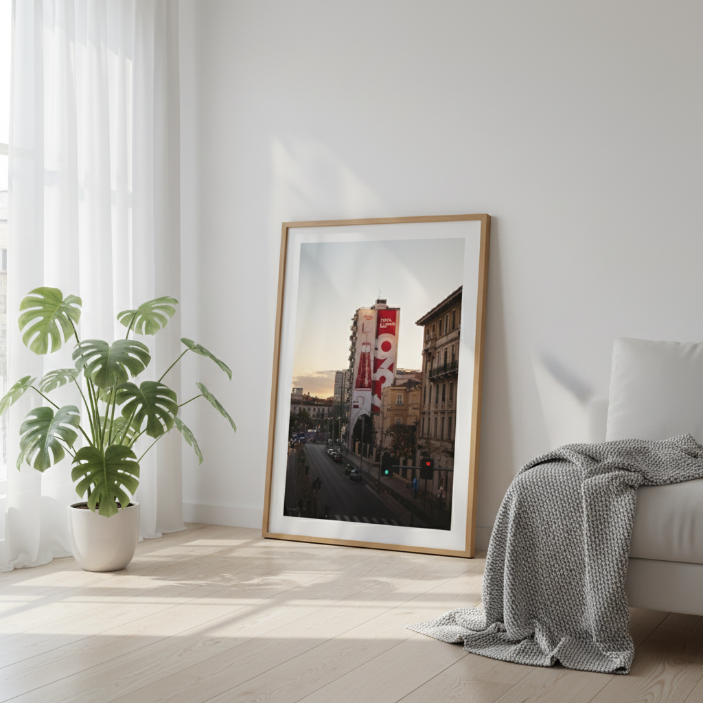 Living room with large potted monstera plant, a framed cityscape photograph leaning against the wall, and a white sofa with a gray blanket draped over its arm, sunlight streaming through sheer curtains.