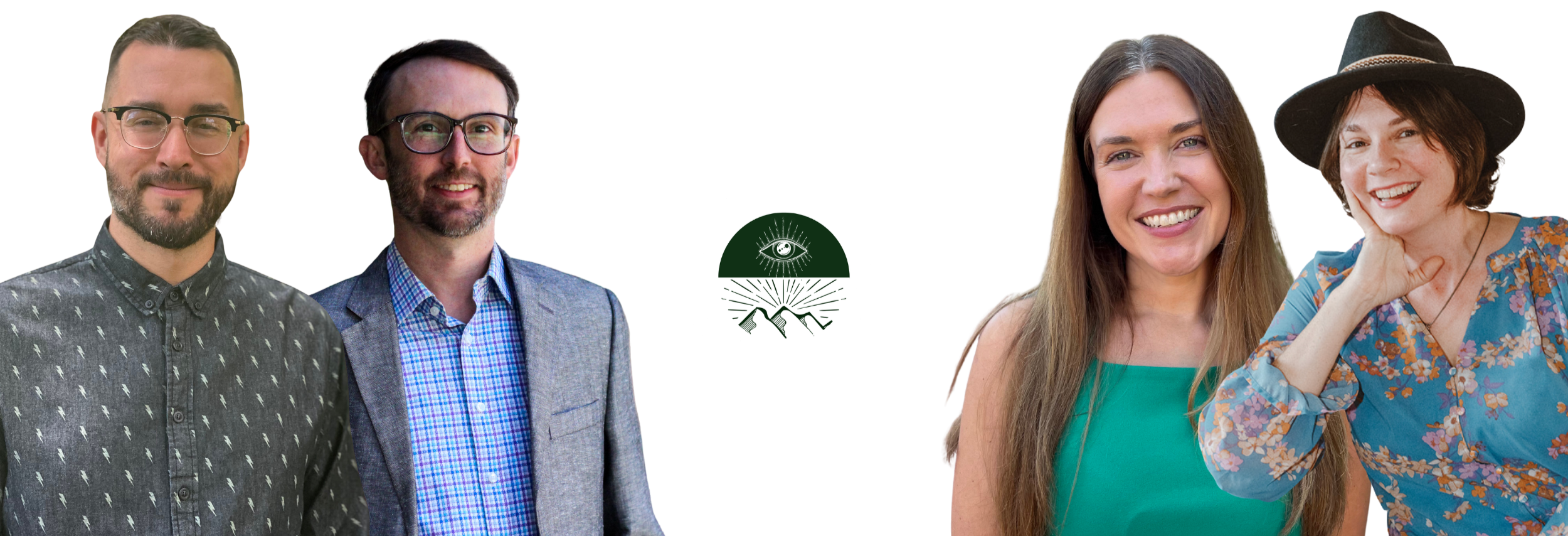 Four smiling people standing together, with a logo featuring an eye, sun rays, mountains, and a handshake between two hands in the center.