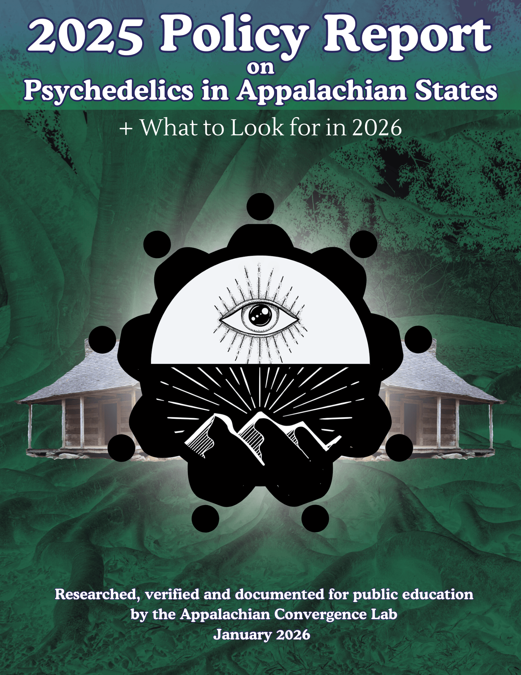 Cover page of a report titled '2025 Policy Report on Psychedelics in Appalachian States' with a background of green leaves, a graphic of an eye within a mountain and sun rays, and two small wooden house illustrations.
