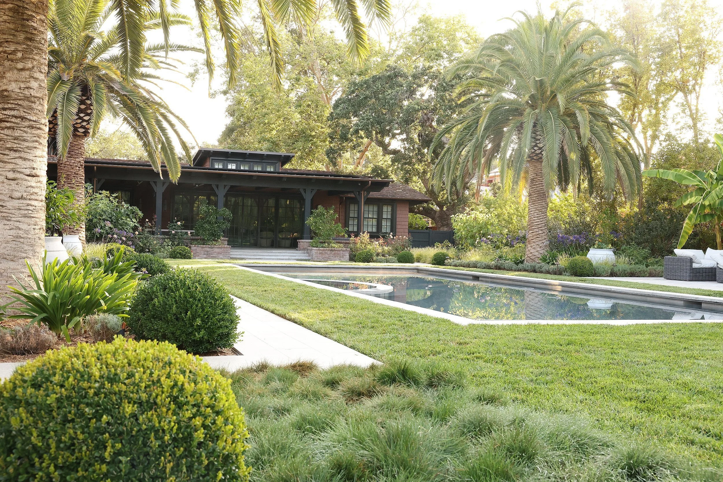 A lush backyard with a swimming pool, surrounded by green grass, bushes, and tall palm trees, with a house in the background and outdoor seating.
