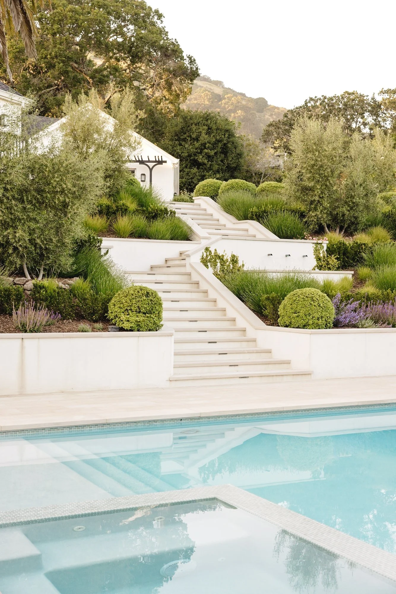 A luxurious outdoor swimming pool with a staircase leading up to a lush garden area with various green plants and shrubs, framed by trees and a white building in the background, with mountains in the distance.