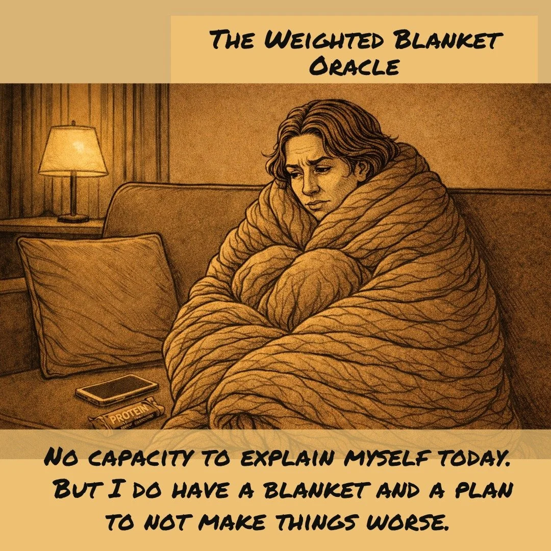 Our Midlife Hero "The Weighted Blanket Oracle" showcasing The Cocooning Phase.
Not hiding.
Not giving up.
Just conserving.

Perimenopause has a way of shrinking our emotional bandwidth.
Sometimes the most regulated thing you can do is wrap 