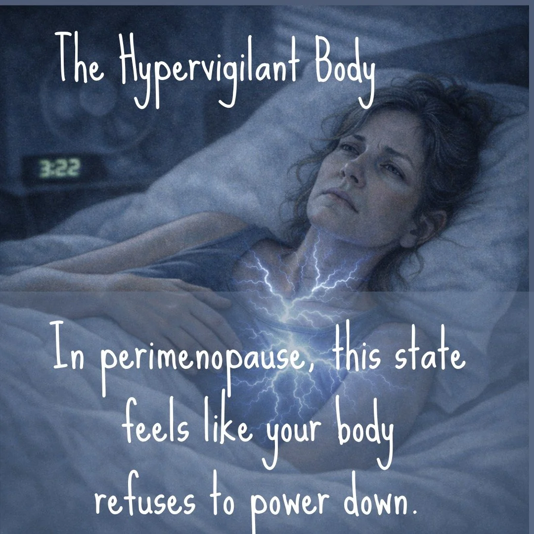 Nighttime anxiety in perimenopause doesn&rsquo;t always feel like panic.

Often it feels like a body that&rsquo;s exhausted
but still activated.
Tired, but unable to fully power down.
Aware of every sensation.
Frustrated by the fact that sleep should
