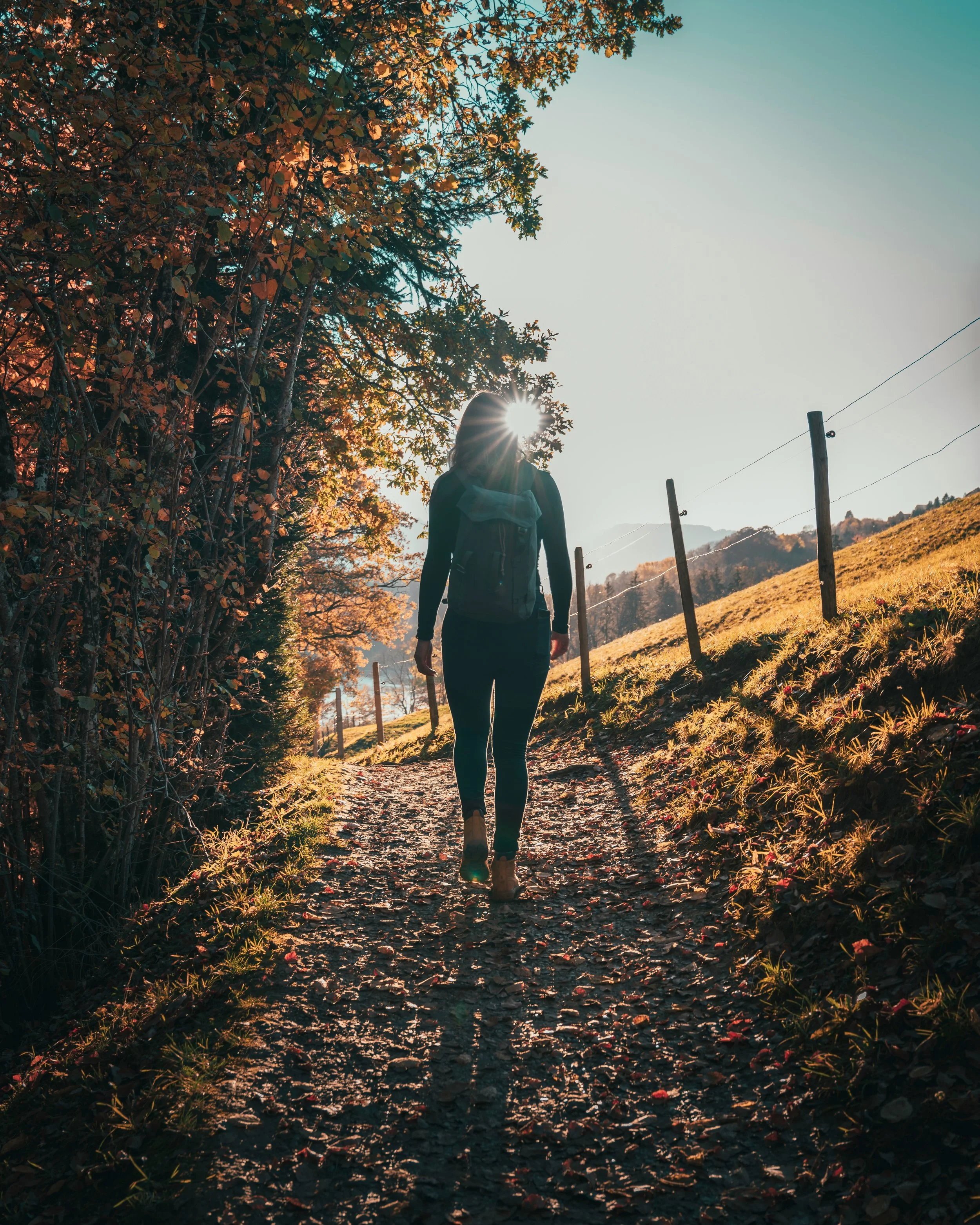 A woman walking alone on a sunlit autumn path, moving forward