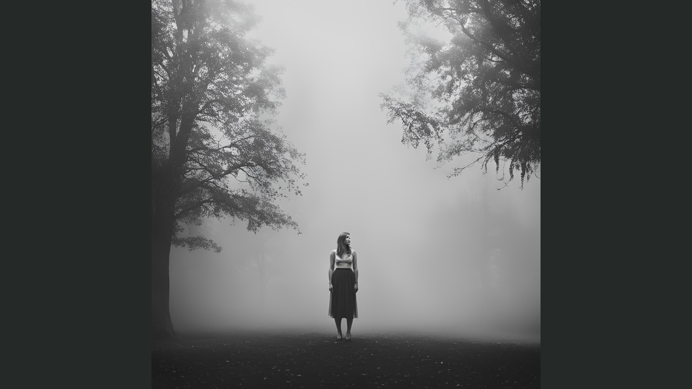 A woman in perimenopause in her 40s standing alone in a foggy park with tall trees on either side, gazing to the right.