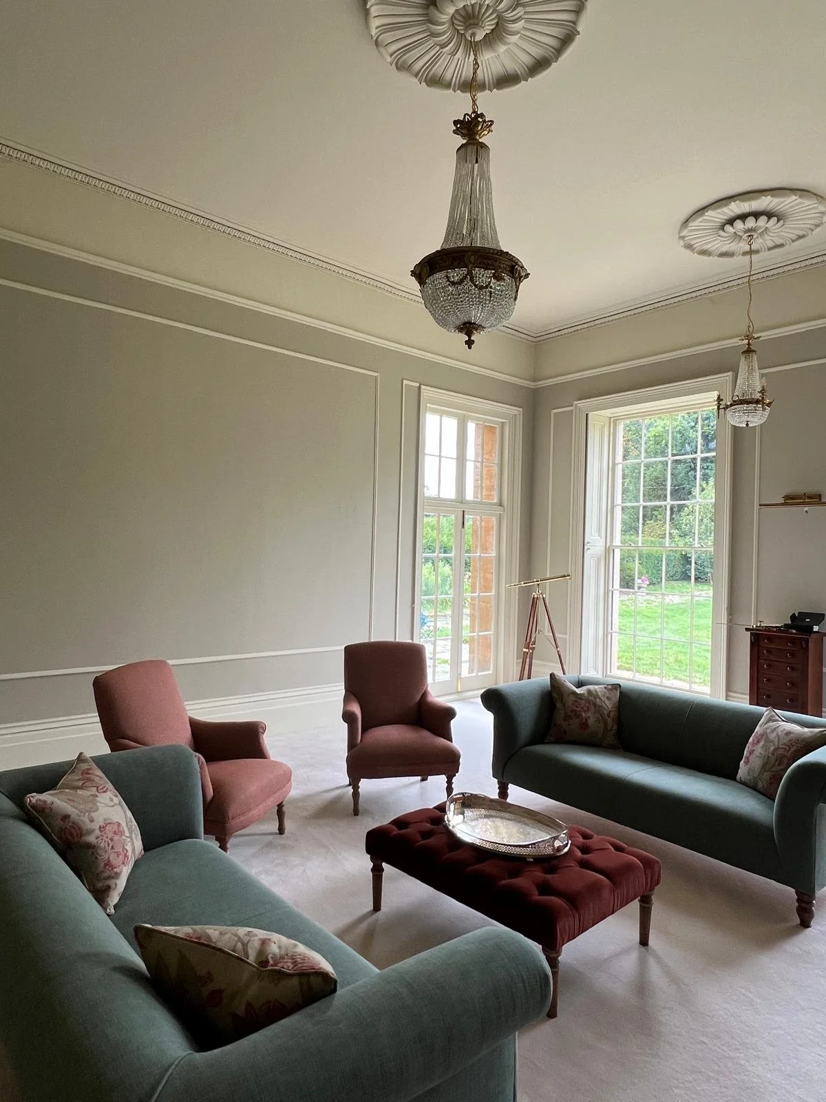 Interior design for a Grade II listed manor house in Bath Somerset, combining heritage features with refined contemporary furnishings
