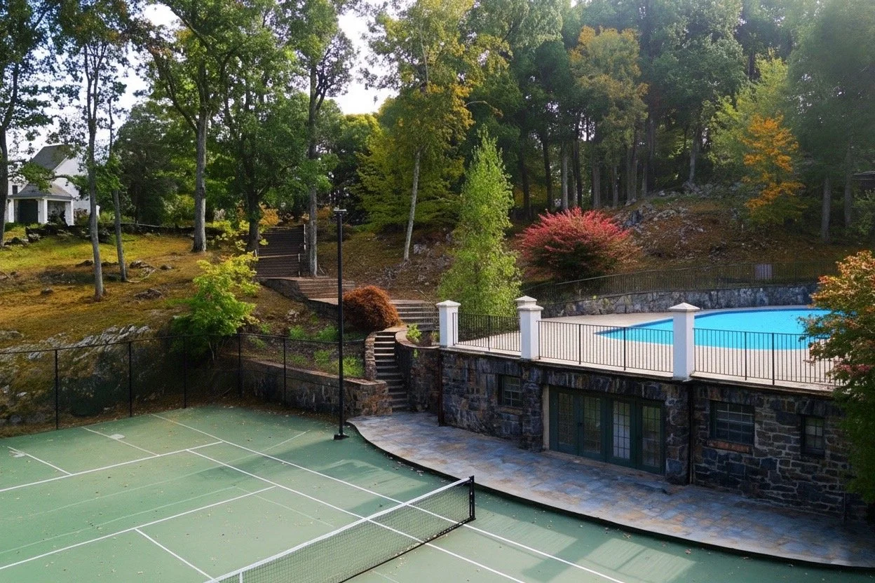 Tennis court transformed into an outdoor wedding reception space at a Westchester County estate